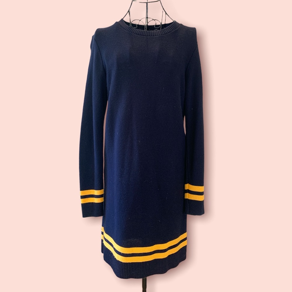 Long sleeve preppy stripe lightweight knit sweater dress navy size small